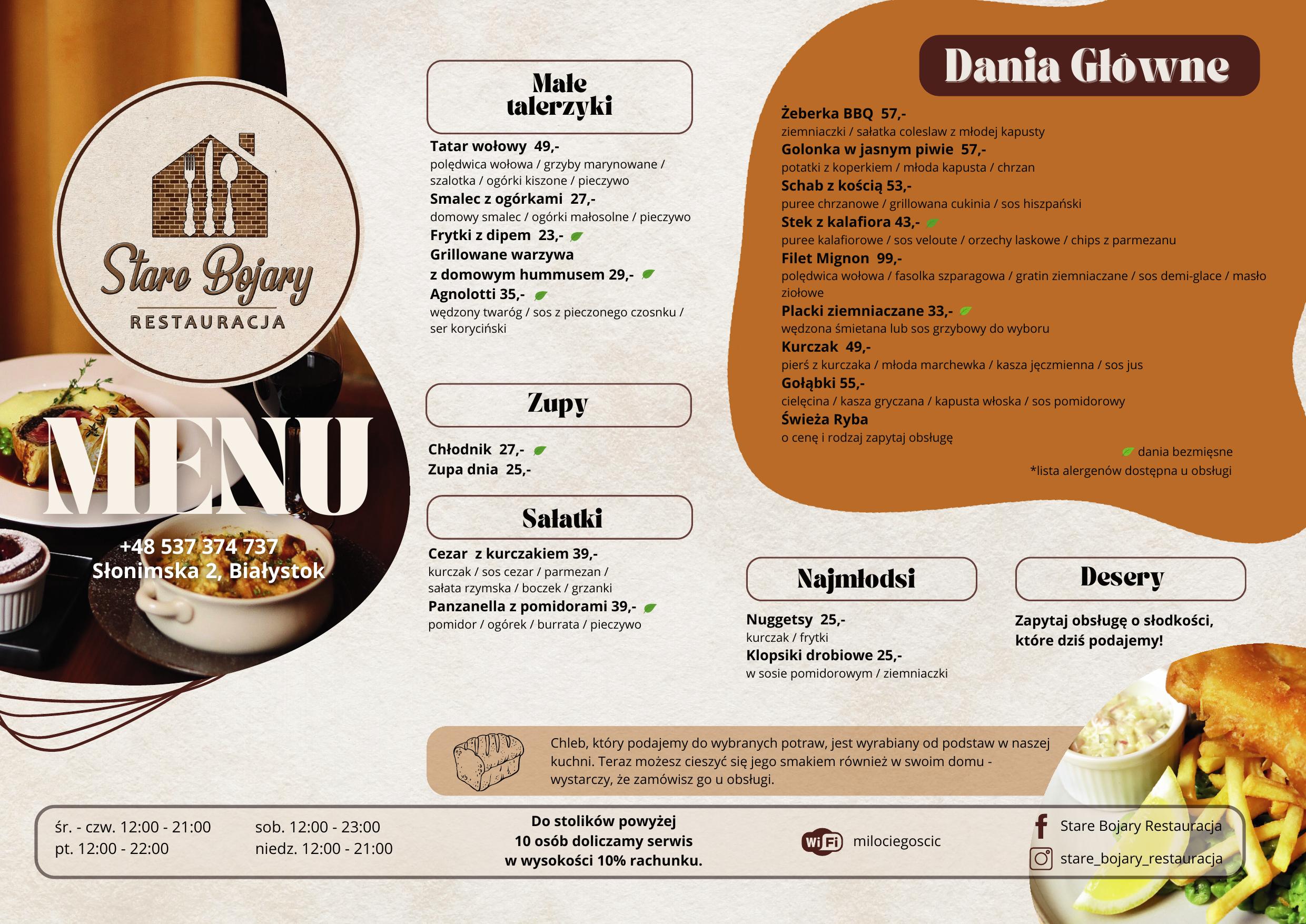 Menu restauracji Stare Bojary Białystok — kuchnia polska, strona 1